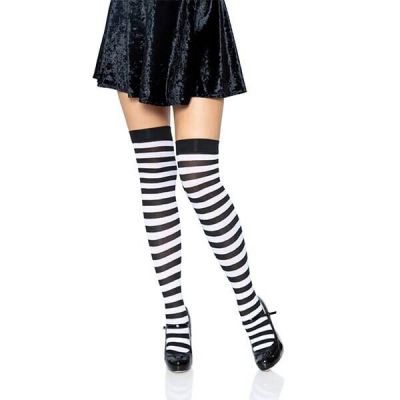 Leg Avenue 6005 Women's Black & White Striped Nylon Thigh High Socks - One Size